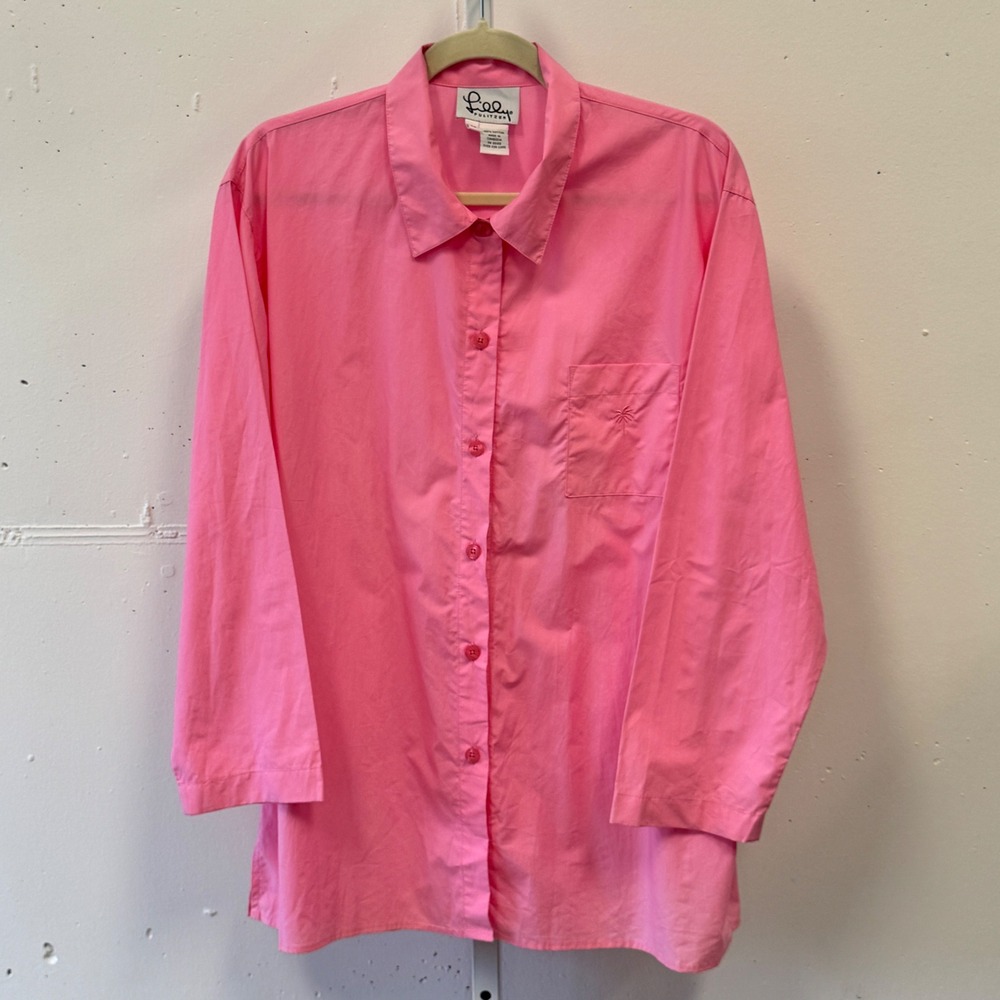 Lilly Pulitzer Women's Pink Cotton Button Down‎ Palm Tree Logo Shirt Size Medium